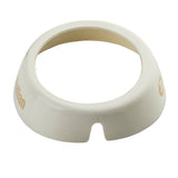 A round, white plastic Dispenser ID Collar with a wide base and a circular opening in the center. There’s a small notch on the bottom edge and beige text partially visible on the side, possibly from TableCraft Products. Appears to be Italian-inspired.