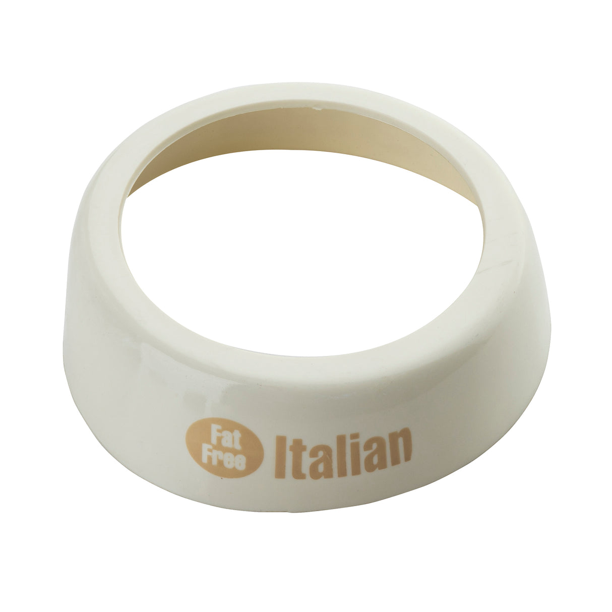 A white, circular Dispenser ID Collar by TableCraft Products labeled “Fat Free Italian” in beige text. Designed to fit around a bottle neck, it features a wide rim and large central hole. The background is plain white.