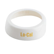 A glossy white, round Dispenser ID Collar napkin ring with a slightly slanted edge features the words Lo-Cal printed in yellow on the side. The TableCraft CB5 ring sits on a plain white background.