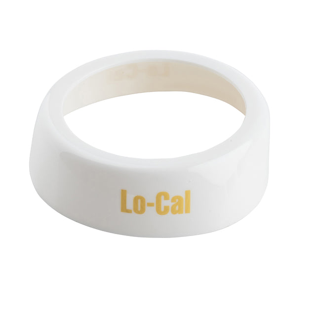 A glossy white, round Dispenser ID Collar napkin ring with a slightly slanted edge features the words Lo-Cal printed in yellow on the side. The TableCraft CB5 ring sits on a plain white background.