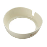 A round, off-white plastic dip cup holder from TableCraft Products with a notch on one side and "ranch" partially visible in brown letters. This Dispenser ID Collar features a flat base and an open center for easy access.