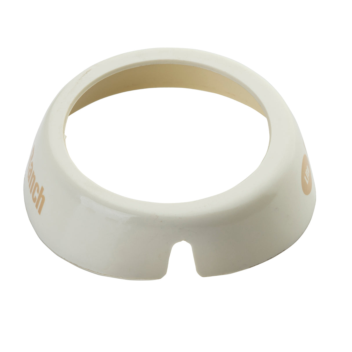 A white, round plastic condiment cup holder with a wide base and an open circular center. The holder features a small notch in front, “Ranch” in tan letters, and is crafted by TableCraft Products for Dispenser ID Collar use. Smooth and slightly glossy surface.