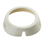 A white, round plastic condiment cup holder with a wide base and an open circular center. The holder features a small notch in front, “Ranch” in tan letters, and is crafted by TableCraft Products for Dispenser ID Collar use. Smooth and slightly glossy surface.