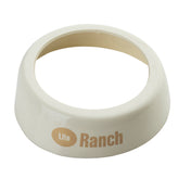 A white plastic Dispenser ID Collar or ring with a wide, slanted edge, featuring the words Lite Ranch in tan lettering. Made by TableCraft Products, it’s open in the center and likely fits atop a ranch dispenser or bottle. The surface is smooth and reflective.