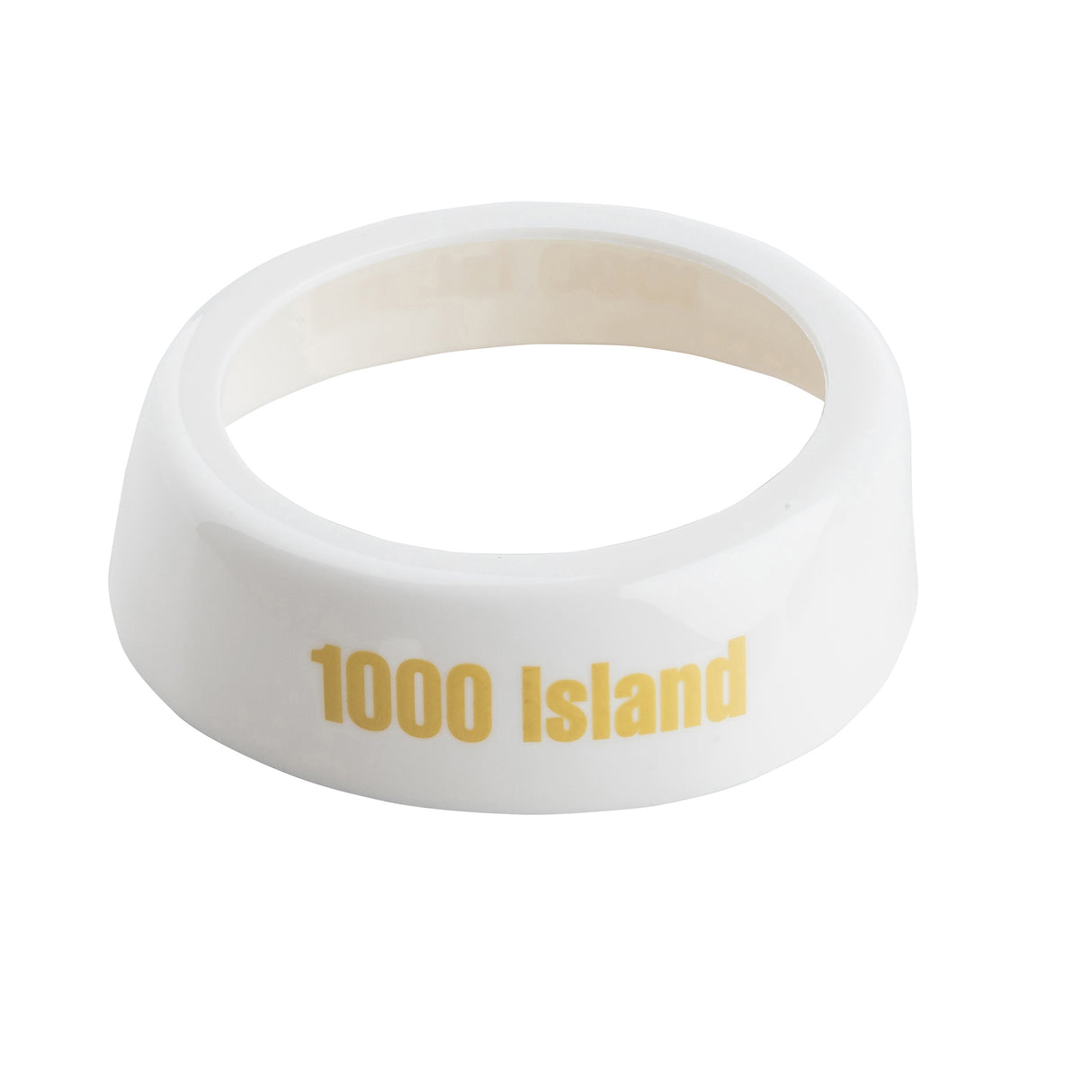 A white, oval-shaped plastic Dispenser ID Collar with "1000 Island" printed in yellow on the side. The TableCraft CB8 ring has a smooth, glossy finish and a hollow center, perfect as a label or identifier for condiment containers.