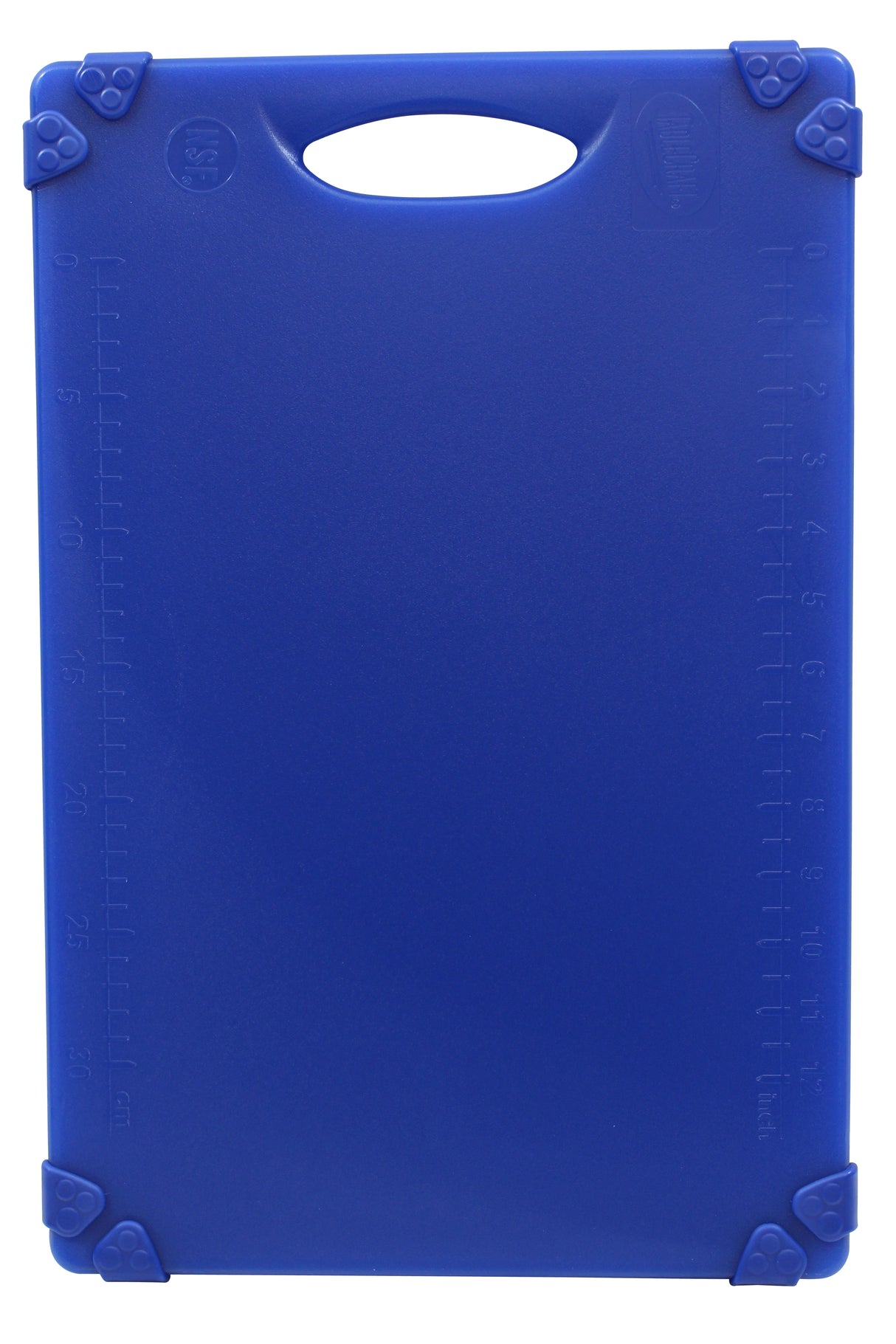 A rectangular blue grippy cutting board with rounded corners, a handle cutout at the top, and small non-slip grips on each corner. Centimeter and inch measurement marks are embossed along the edges. Dishwasher safe for easy cleaning.