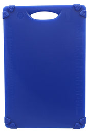 A rectangular blue grippy cutting board with rounded corners, a handle cutout at the top, and small non-slip grips on each corner. Centimeter and inch measurement marks are embossed along the edges. Dishwasher safe for easy cleaning.