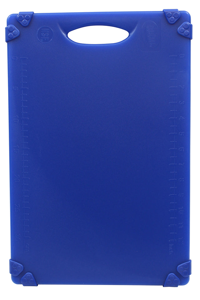 A rectangular blue grippy cutting board with rounded corners, a handle cutout at the top, and small non-slip grips on each corner. Centimeter and inch measurement marks are embossed along the edges. Dishwasher safe for easy cleaning.