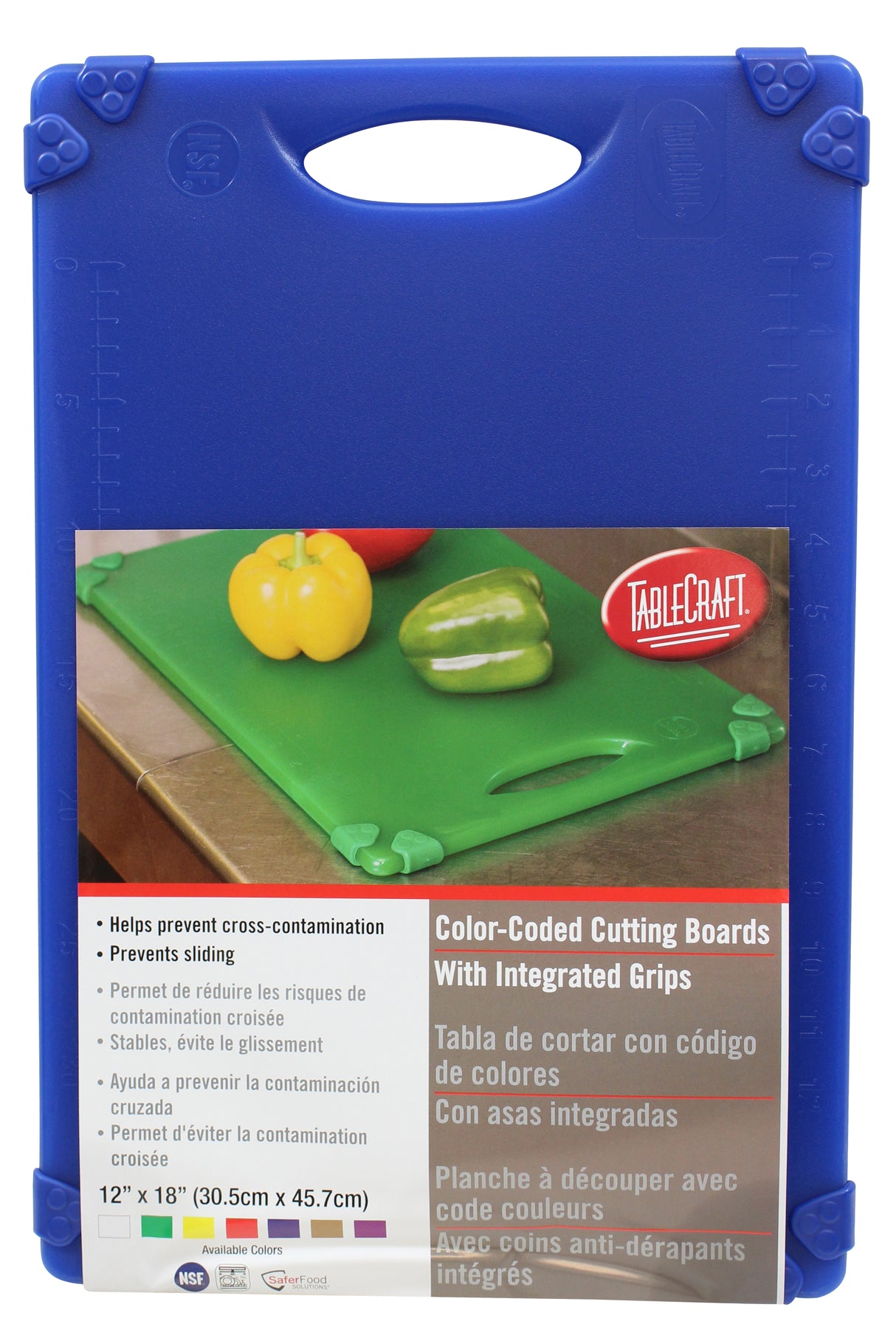 A blue plastic TableCraft cutting board package shows a photo of a green, grippy cutting board with sliced peppers. The label highlights color-coded, dishwasher safe boards with non-slip feet and integrated grips, measuring 12x18 (30.5cm x 45.7cm).