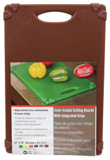 A brown TableCraft grippy cutting board with a green cutting board on top, holding a yellow bell pepper, red bell pepper, and cucumber. Text highlights features like color coding, integrated grips, and being dishwasher safe in English, Spanish, and French.