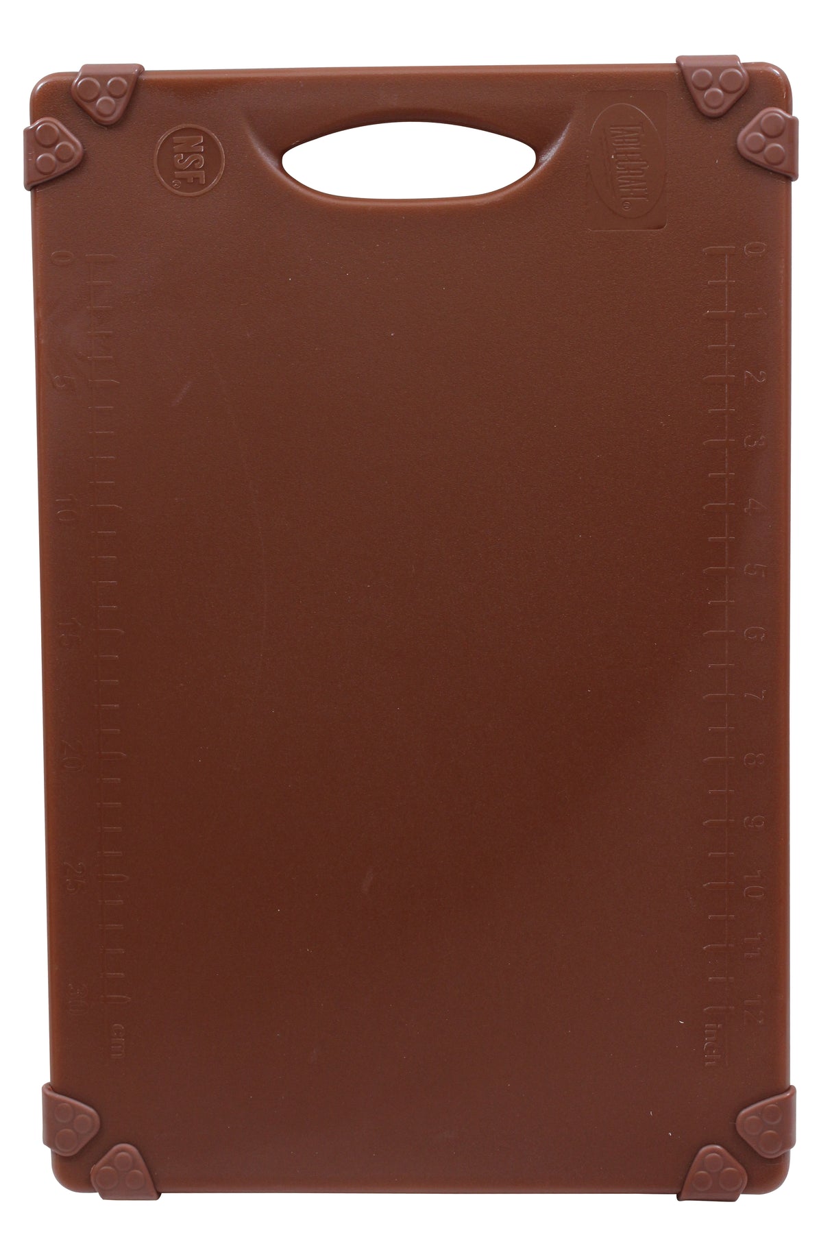 A brown rectangular grippy cutting board with a handle at the top. Raised measurement markings in centimeters run along the left and right edges. The four corners are reinforced with triangular grips. The smooth surface is unmarked and dishwasher safe.