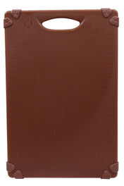 A brown rectangular grippy cutting board with a handle at the top. Raised measurement markings in centimeters run along the left and right edges. The four corners are reinforced with triangular grips. The smooth surface is unmarked and dishwasher safe.