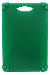 A green, grippy cutting board with rounded corners and a handle slot at the top. The non-slip grips keep it steady, while measurement markings aid precise cutting. Its clean surface is dishwasher safe for easy care.