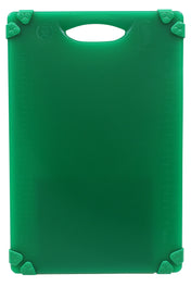 A green, grippy cutting board with rounded corners and a handle slot at the top. The non-slip grips keep it steady, while measurement markings aid precise cutting. Its clean surface is dishwasher safe for easy care.