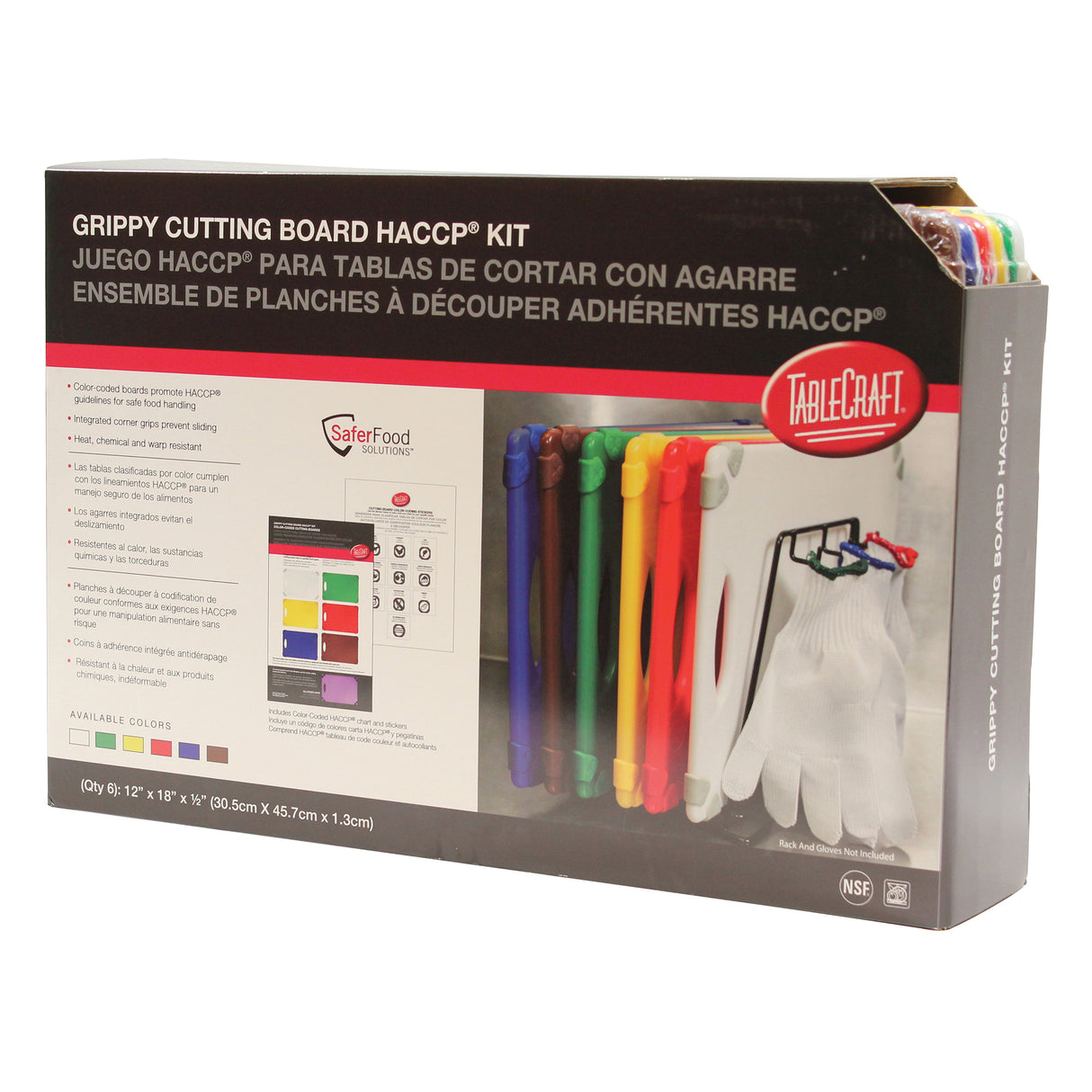 A box displaying the TableCraft Grippy Cutting Board HACCP Kit with six dishwasher safe cutting boards and a white stand. The box details the kit’s components in English, Spanish, and French, showing a photo of the boards arranged in the stand.