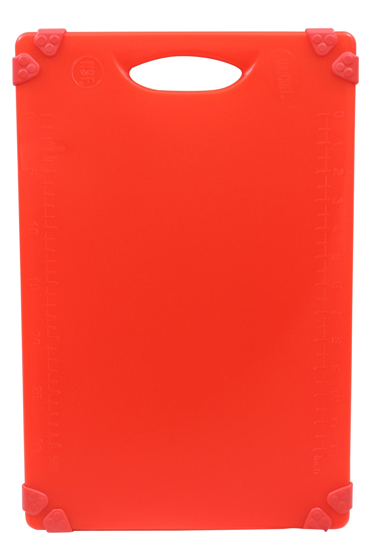 A bright red grippy cutting board with a handle cutout at the top and non-slip rubber grips on each corner. Measurement markings are embossed along the edges for precise cutting. Dishwasher safe, it's perfect for any HACCP-compliant kitchen. Plain white background.