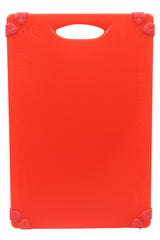 A bright red grippy cutting board with a handle cutout at the top and non-slip rubber grips on each corner. Measurement markings are embossed along the edges for precise cutting. Dishwasher safe, it's perfect for any HACCP-compliant kitchen. Plain white background.