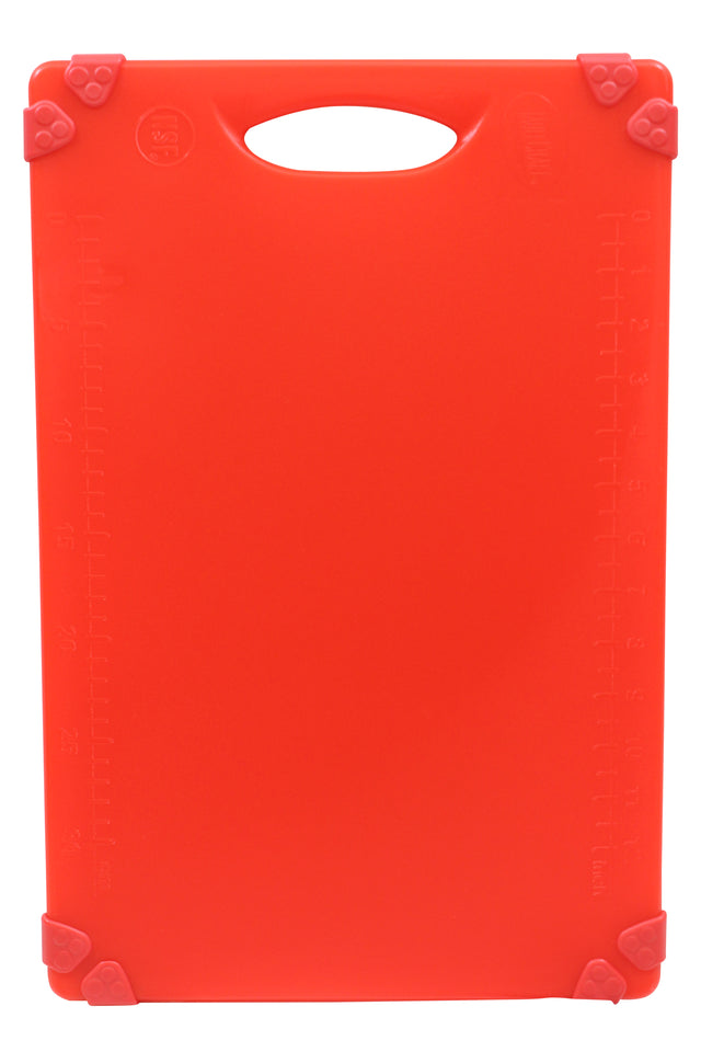A bright red grippy cutting board with a handle cutout at the top and non-slip rubber grips on each corner. Measurement markings are embossed along the edges for precise cutting. Dishwasher safe, it's perfect for any HACCP-compliant kitchen. Plain white background.