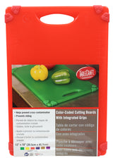 A red, grippy cutting board by TableCraft with a handle and packaging that displays a green option topped with bell peppers. The HACCP-compliant label highlights benefits in English, Spanish, and French. Size: 12 x 18 in (30.5 x 45.7cm), dishwasher safe.