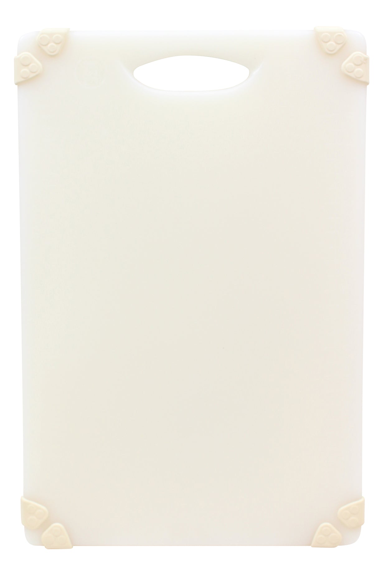 A white rectangular grippy cutting board with rounded corners, a handle slot at the top, and four beige corner grips. The board is clean, plain, dishwasher safe, and positioned vertically against a white background.
