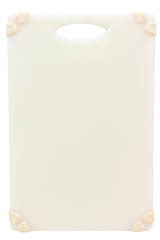 A white rectangular grippy cutting board with rounded corners, a handle slot at the top, and four beige corner grips. The board is clean, plain, dishwasher safe, and positioned vertically against a white background.