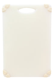 A white rectangular grippy cutting board with rounded corners, a handle slot at the top, and four beige corner grips. The board is clean, plain, dishwasher safe, and positioned vertically against a white background.