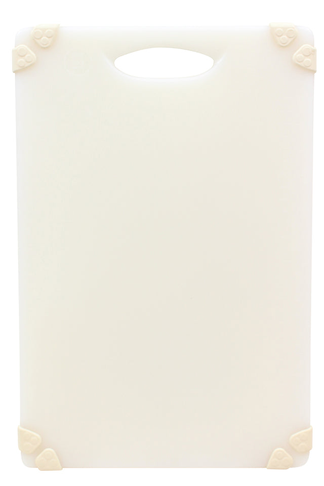 A white rectangular grippy cutting board with rounded corners, a handle slot at the top, and four beige corner grips. The board is clean, plain, dishwasher safe, and positioned vertically against a white background.