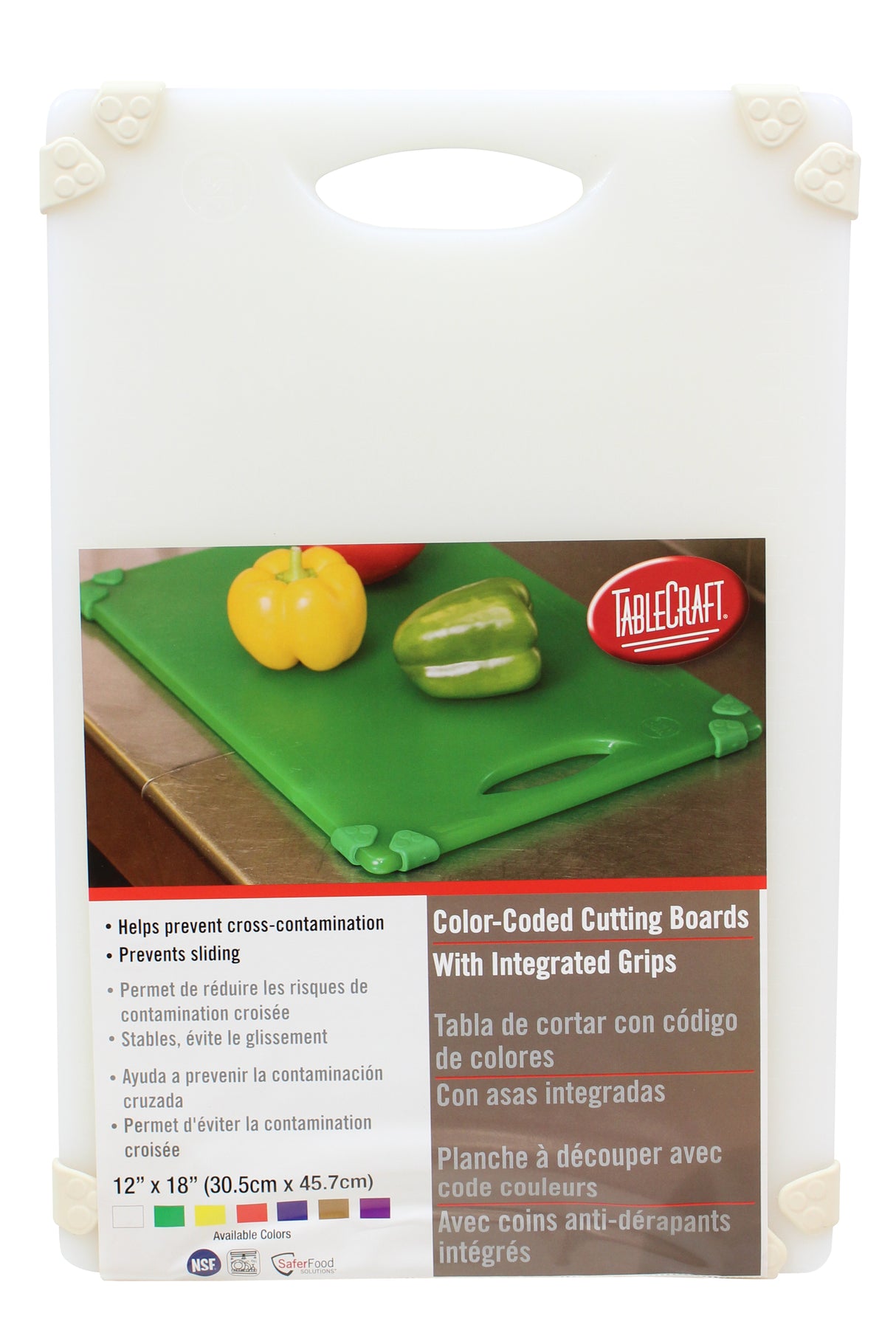 A package of TableCraft color-coded, dishwasher safe cutting boards with integrated grips. The front displays a green grippy cutting board topped with a yellow bell pepper and red tomato. Packaging highlights features like non-slip stability and preventing cross-contamination.