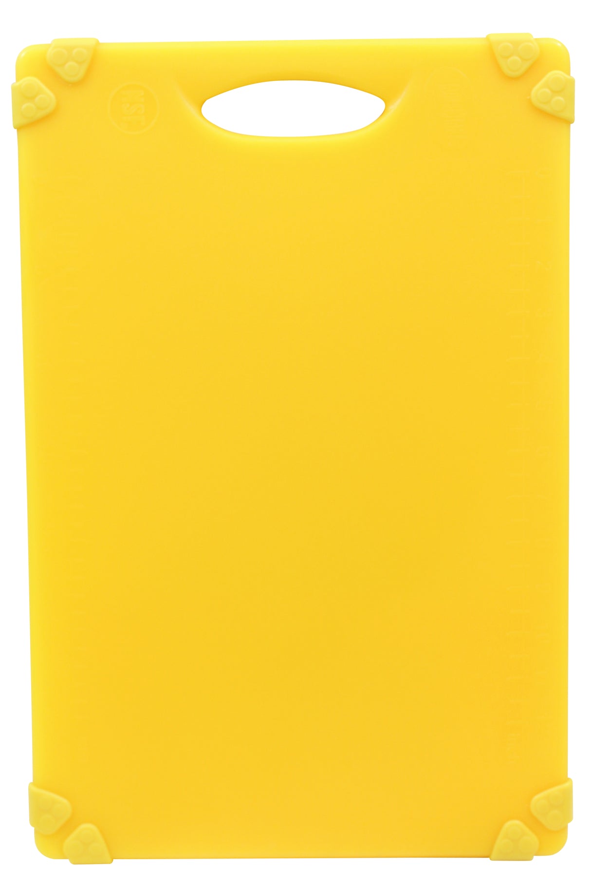 A bright yellow, anti-slip cutting board with rounded corners and a built-in handle at the top. Each corner features a triangular yellow rubber grip. The surface is plain, with a subtle measurement scale along the right edge.