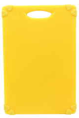 A bright yellow, anti-slip cutting board with rounded corners and a built-in handle at the top. Each corner features a triangular yellow rubber grip. The surface is plain, with a subtle measurement scale along the right edge.