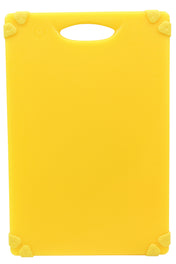 A bright yellow, anti-slip cutting board with rounded corners and a built-in handle at the top. Each corner features a triangular yellow rubber grip. The surface is plain, with a subtle measurement scale along the right edge.