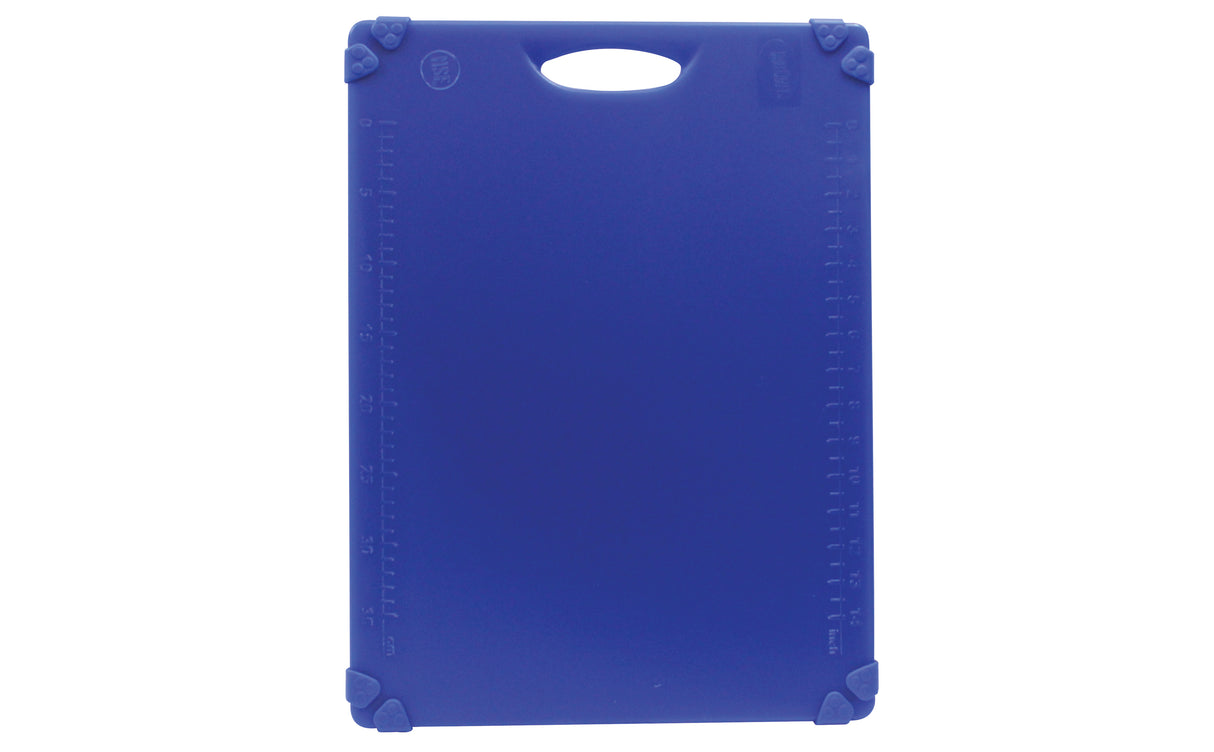 A rectangular blue NSF cutting board with a handle slot at the top. Measurement markings line the edges, and rubberized grips on each corner offer stability. The grippy cutting board is clean and placed vertically against a white background.