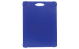 A rectangular blue NSF cutting board with a handle slot at the top. Measurement markings line the edges, and rubberized grips on each corner offer stability. The grippy cutting board is clean and placed vertically against a white background.