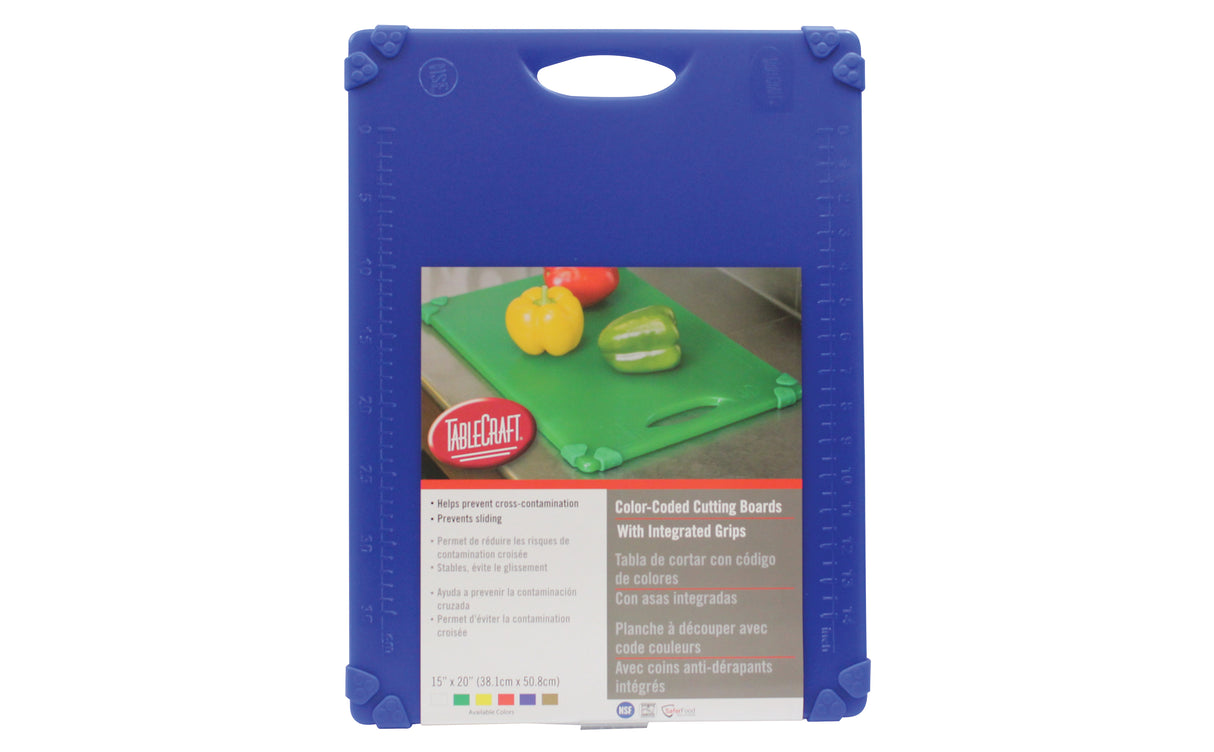 A blue rectangular, NSF cutting board with a handle cutout and measurement markings. The label highlights sliced peppers and details about color-coded, dishwasher safe cutting boards for enhanced kitchen safety and hygiene.