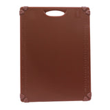 A large, rectangular brown grippy cutting board with a handle cutout at the top. Measurement markings are etched along both sides, and non-slip grips on each corner make it an anti-slip cutting board with a smooth, durable surface for kitchen use.