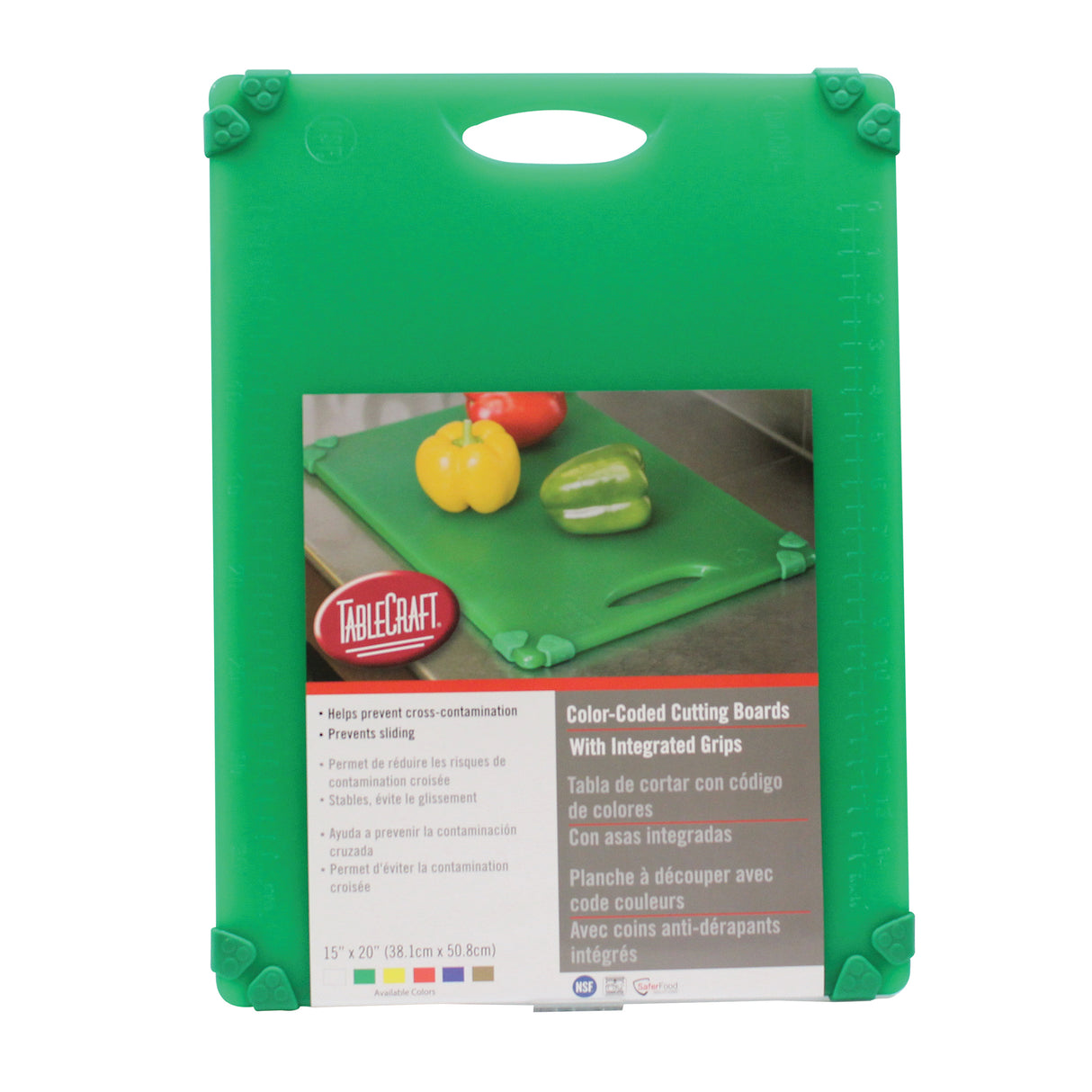 A green rectangular anti-slip cutting board with grippy corner grips. The packaging label shows a photo of the board with colorful peppers and provides product details in English, Spanish, and French. Dishwasher safe for easy cleaning.