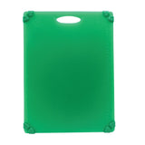 A green rectangular anti-slip cutting board with a built-in handle and four rubberized corners for grip, viewed from above on a white background. Small measurement markings are visible along the edges.