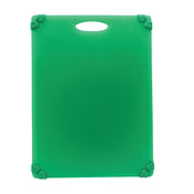 A green rectangular anti-slip cutting board with a built-in handle and four rubberized corners for grip, viewed from above on a white background. Small measurement markings are visible along the edges.