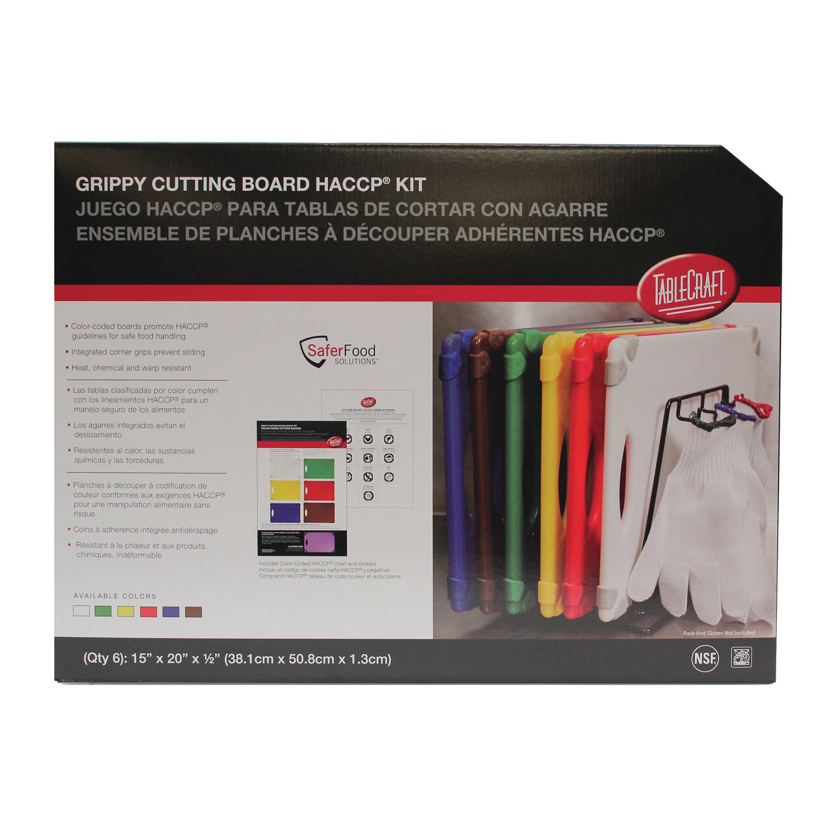 Box of TableCraft Grippy Cutting Board HACCP Kit features six color-coded, dishwasher safe cutting boards and white gloves. Text in English and Spanish details kit contents, with a chart, color key, Safer Food Solutions logo, and product specs.