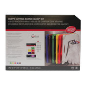Box of TableCraft Grippy Cutting Board HACCP Kit features six color-coded, dishwasher safe cutting boards and white gloves. Text in English and Spanish details kit contents, with a chart, color key, Safer Food Solutions logo, and product specs.