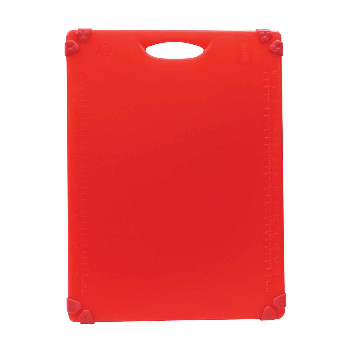 A red rectangular grippy cutting board with a handle cut-out at the top and non-slip grips on each corner, shown on a white background. Measurement markings are visible along the board’s edges. This dishwasher safe cutting board adds convenience to your kitchen.