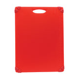 A red rectangular grippy cutting board with a handle cut-out at the top and non-slip grips on each corner, shown on a white background. Measurement markings are visible along the board’s edges. This dishwasher safe cutting board adds convenience to your kitchen.
