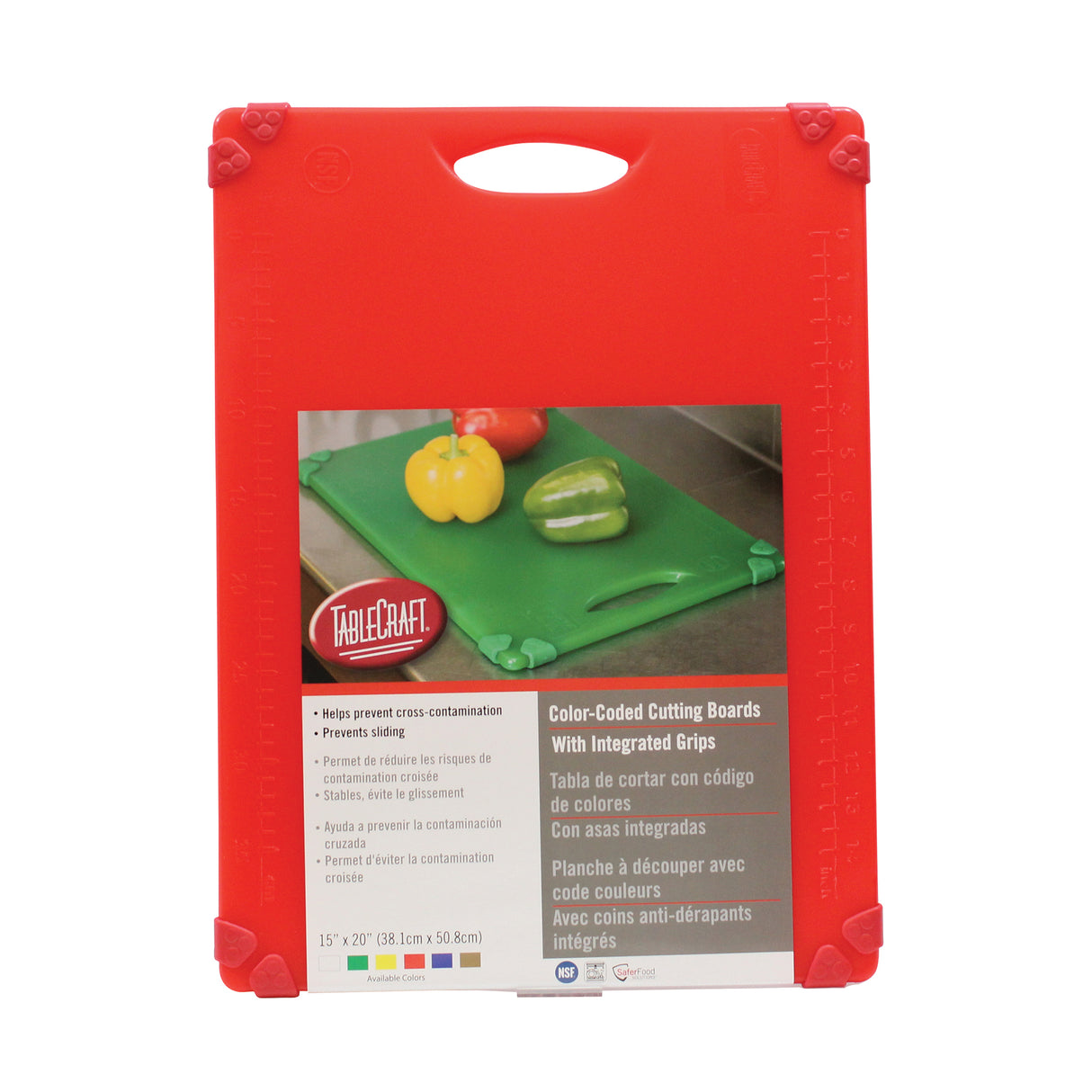 A red rectangular anti-slip cutting board with a handle and textured corners. Its label shows peppers and a cucumber on cutting boards, detailing the benefits of color-coded, dishwasher safe cutting boards in English, Spanish, and French.