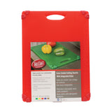 A red rectangular anti-slip cutting board with a handle and textured corners. Its label shows peppers and a cucumber on cutting boards, detailing the benefits of color-coded, dishwasher safe cutting boards in English, Spanish, and French.