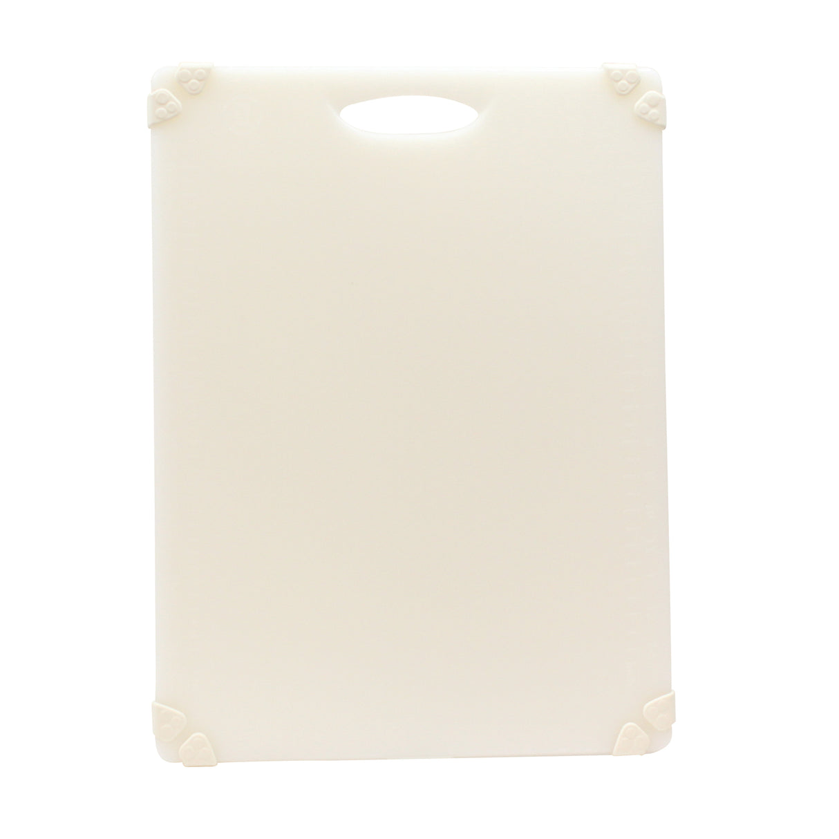 A plain, rectangular white anti-slip cutting board with rounded corners, a central handle cut-out at the top, and small rubber grips on each corner for stability. The background is completely white.