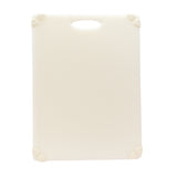 A plain, rectangular white anti-slip cutting board with rounded corners, a central handle cut-out at the top, and small rubber grips on each corner for stability. The background is completely white.