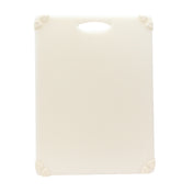 A plain, rectangular white anti-slip cutting board with rounded corners, a central handle cut-out at the top, and small rubber grips on each corner for stability. The background is completely white.