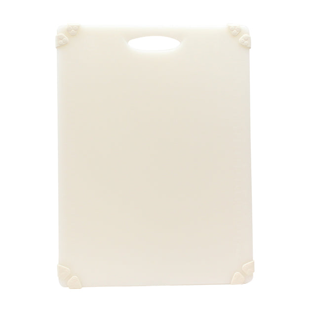 A plain, rectangular white anti-slip cutting board with rounded corners, a central handle cut-out at the top, and small rubber grips on each corner for stability. The background is completely white.