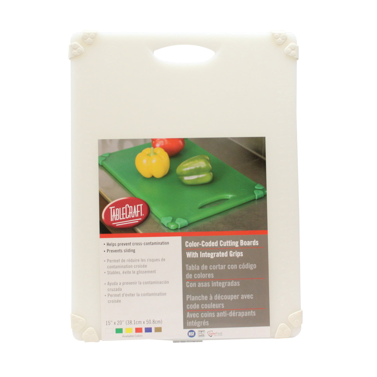 A white package for TableCraft’s anti-slip cutting board features an image of a green cutting board with a knife and sliced vegetables. The label lists features in English, Spanish, and French, and the package has a handle at the top.
