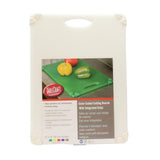 A white package for TableCraft’s anti-slip cutting board features an image of a green cutting board with a knife and sliced vegetables. The label lists features in English, Spanish, and French, and the package has a handle at the top.